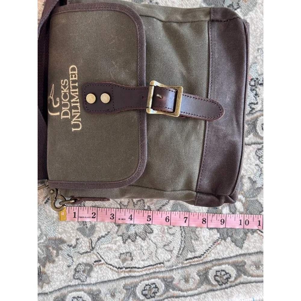 Ducks Unlimited Waxed Canvas Messenger Crossbody Bag Olive Green Brown Hunting